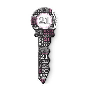 21st Birthday Keep Sake Key Small Pink, Black & White