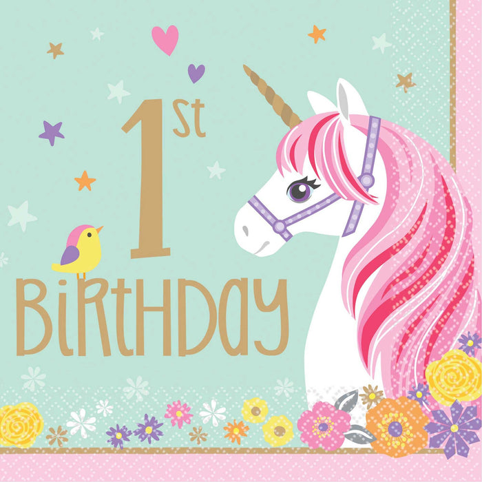 Magical Unicorn 1st Birthday Napkins 16Pk