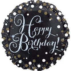 Holographic Foil Sparkling Happy Birthday  Black With White & Gold Dots