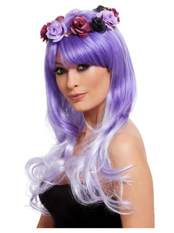 Deluxe Day of the Dead Glam Wig, Purple, with Flowers