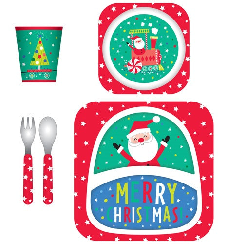 Frankie & Me Kids Christmas Set Plate Bowl Cup Spoon & Fork Bamboo Set