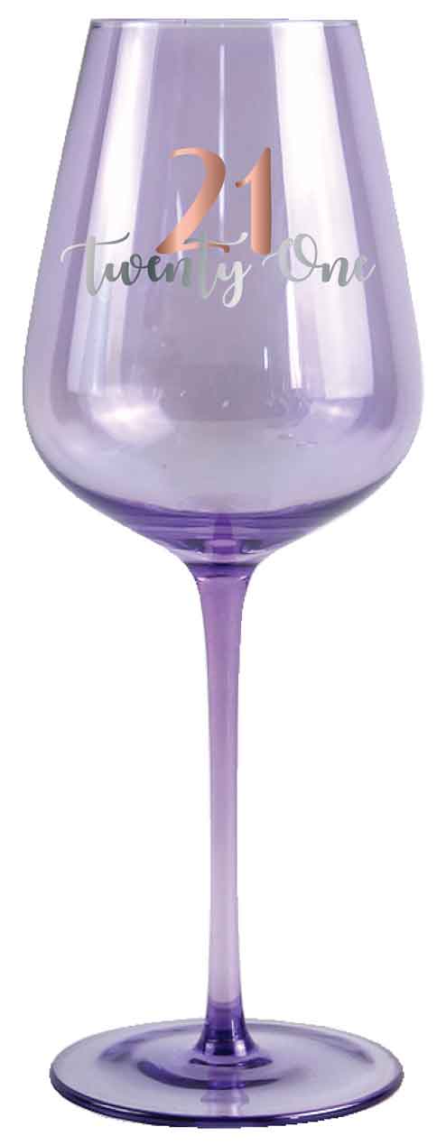 21st Purple Wine Glass Rose Gold Decal 430ml