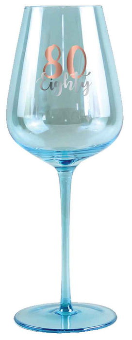 80th Blue Wine Glass Rose Gold Decal 430ml