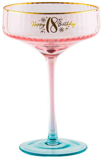 18th Pink Fluted Coupe Glass With Gold Writting 300ml