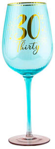 30th Teal/Blue Fluted Wine Glass With Gold Writting 400ml