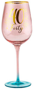 40th Pink Fluted Wine Glass With Gold Writting 400ml