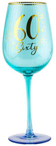 60th Blue/Teal Fluted Wine Glass With Gold Writting 400ml