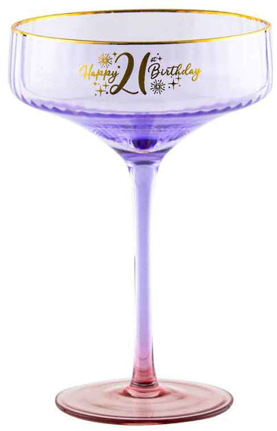 21st Purple Fluted Coupe Glass With Gold Writting 300ml