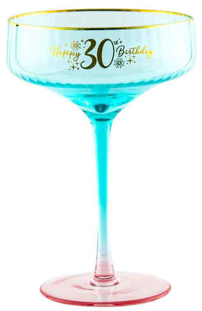 30th Blue/Teal Fluted Coupe Glass With Gold Writting 300ml