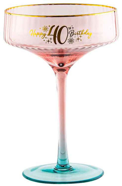 40th Pink Fluted Coupe Glass With Gold Writting 300ml