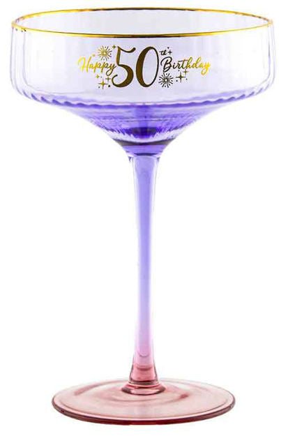 50th Purple Fluted Coupe Glass With Gold Writting 300ml