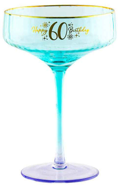 60th Blue/Teal Fluted Coupe Glass With Gold Writting 300ml