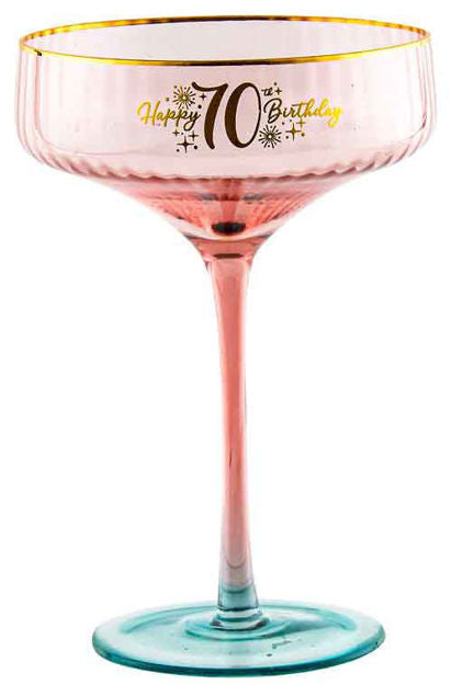 70th Pink Fluted Coupe Glass With Gold Writting 300ml