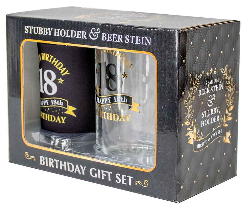 Premium Beer Stein & Stubby Holder Gift Set ''Happy 18th Birthday''