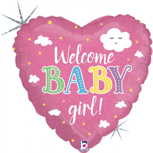 Welcome Baby Girl Holographic Foil 18Inch Heart