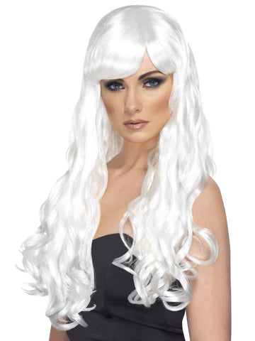 Desire Wig, White, Long, Curly with Fringe