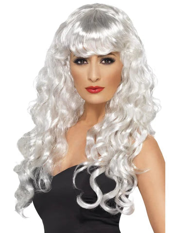 Siren Wig, White, Long, Curly with Fringe