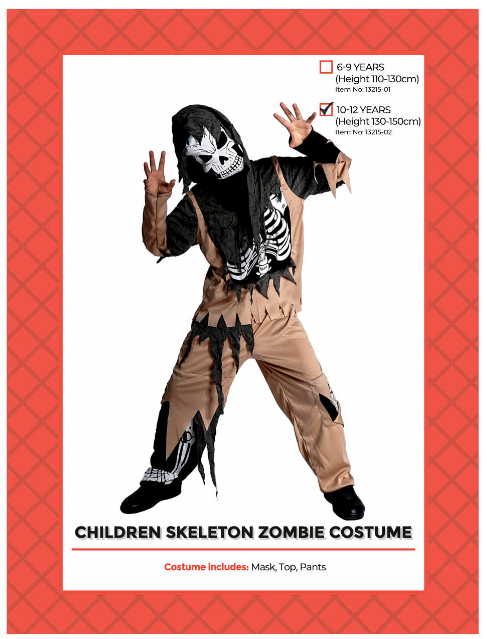 Childrens Zombie Skeleton Costume 10-12 Years