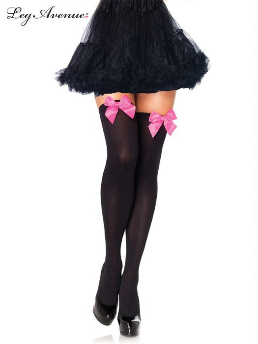 Opaque Thigh High Stockings Black with neon Pink bow — Red Fox