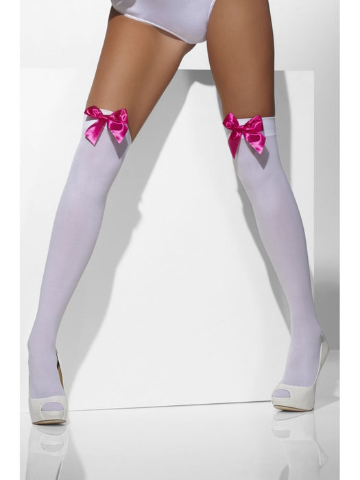 White Opaque Hold Ups with Fuchsia Bows