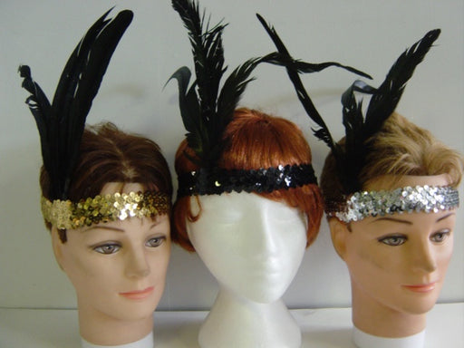 Sequin Headband with Feather- Gold