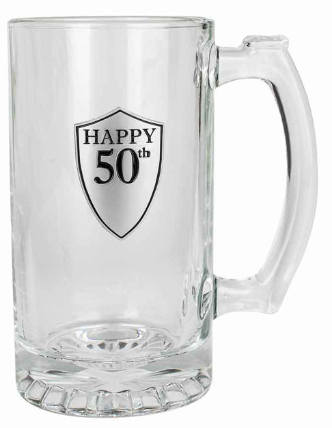 50th Beer Mug with Handle & Pewter Look Badge