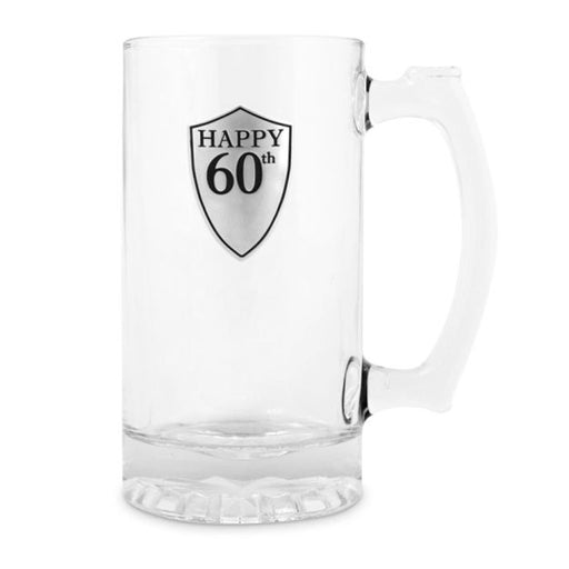 60th Beer Mug with Handle & Pewter Look Badge