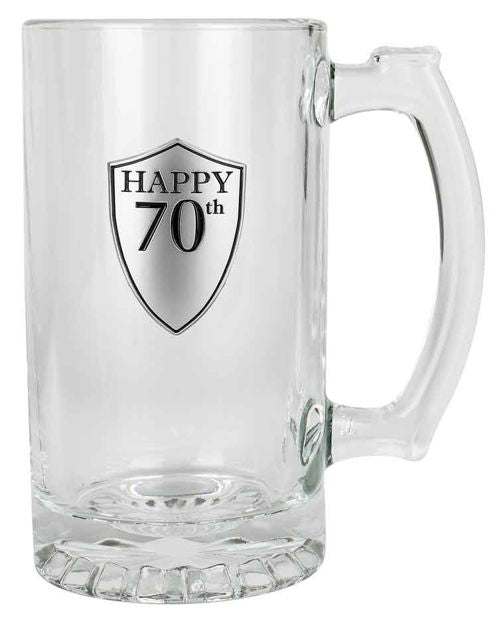 70th Beer Mug with Handle & Pewter Look Badge