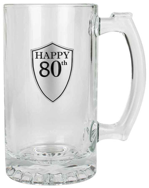 80th Beer Mug with Handle & Pewter Look Badge